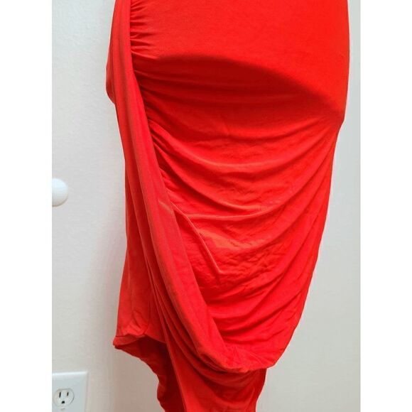 🧡 BEBE Twist Skirt Asymmetrical Hem Grecian Goddess Orange Dress Size XXS/TTP - Picture 7 of 12